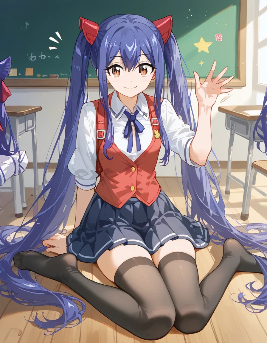 masterpiece, (highest quality, perfect anatomy:1.5), full body, ((from front, intense wide shot)), (in the classroom), BREAK

1girl, ((sitting in a chair)), has a student bag, waving, at loocking viewer, smile, BREAK

wendy marvell, long hair, hair ornament, ribbon, hair between eyes, twintails, brown eyes, very long hair, blue hair, small breasts, jackt, thighhighs, ribbon tie, pleated skirt, black thighhighs, black skirt, zettai ryouiki,