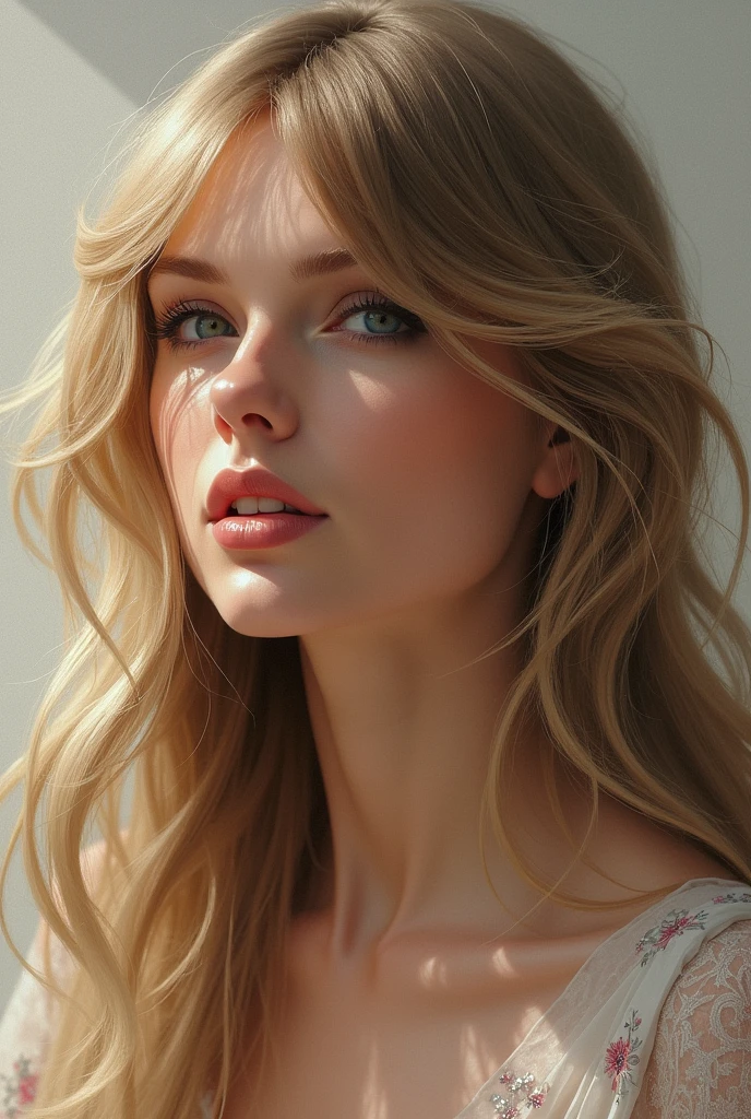 a photograph in a studio of a female model. The model should convey a combination of gentleness and sensuality. Use soft lighting to highlight facial features and enhance the beauty of the model. The studio environment should be minimalist, with a neutral background that doesn't distract the model's attention. Capture the model's expression in a captivating way, conveying confidence and charm. The composition should highlight the figure of the model and emphasize her femininity.
