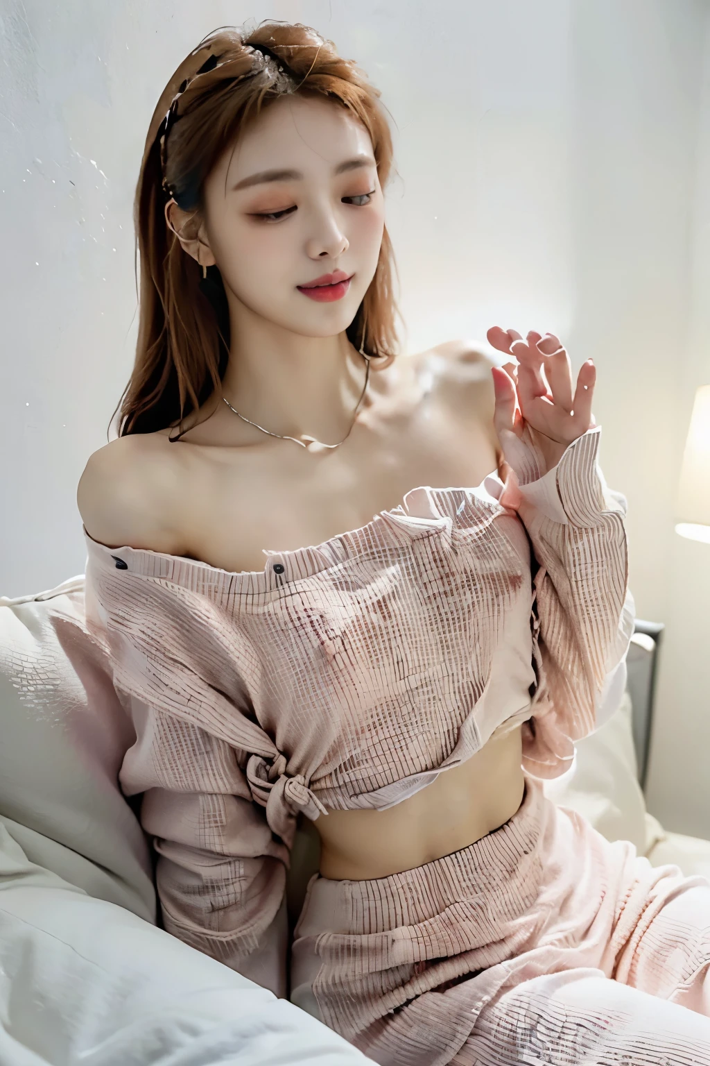 ((natta、Realistic light、top-quality、8K、masterpiece))、1girl in、Slim Beauty:1.4、abdominals、(brown haired、Medium chest:1.3)、Off-the-shoulder sweaters:1.1、bath room、ultra beautiful faces、Delicat eyes、double eyelid、A smile、a necklace,naked body,hard nipples,nipples being able to be seen through clothes,slightly opened mouth and closed eyes,leaning slightly forward/crouching