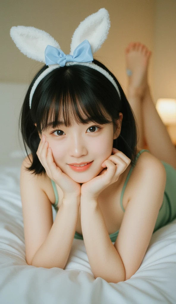 A 15-year-old girl with short black hair, bangs, a blue bow, a bunny headband, smiling and wearing a green strapless dress, slightly revealing her chest, looking at the camera, lying face down on the bed, both hands on her chin, lifting her legs. She smiles gently and puts her hand on her chin while looking directly at the camera. The soft light creates a relaxing and inviting atmosphere. The bedroom, which adds a casual elegance to the atmosphere of the bedroom.