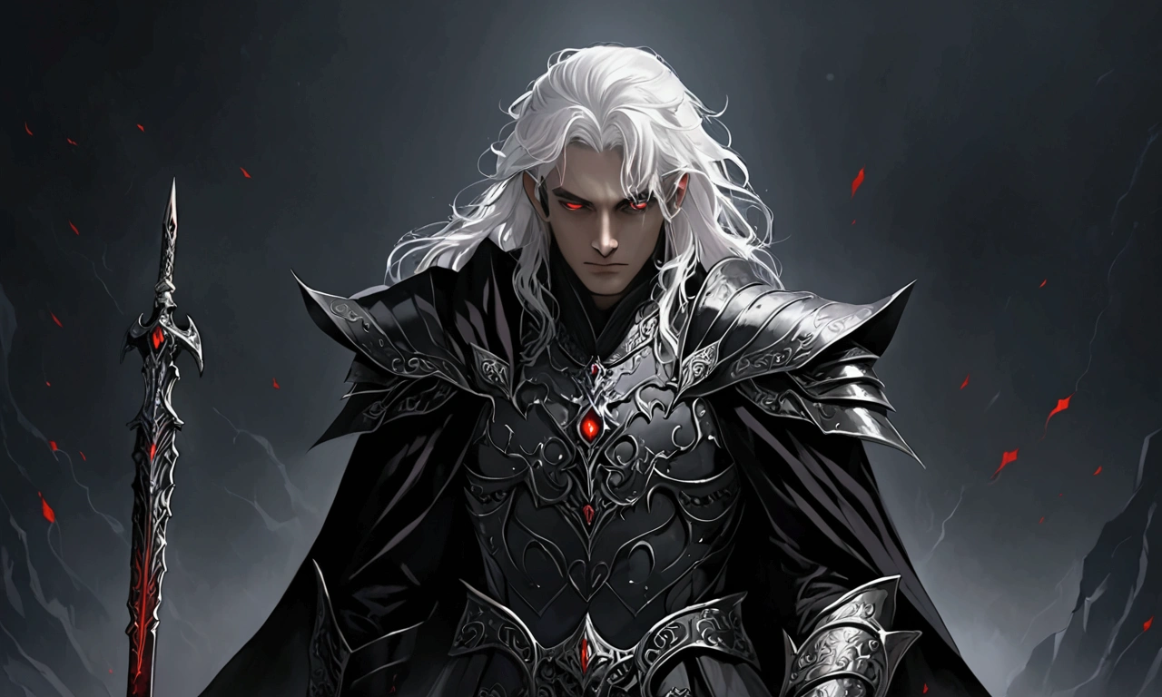 god of darkness,  white hair, short disheveled, Ojos rojos, dark aura,  black plate armor, Long cape raida ,  sheathed sword , relaxed pose