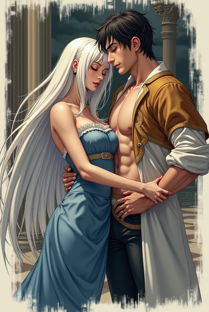 "Concept Art for 'Love Affair': A stunning masterpiece capturing an intimate interaction between a captivating couple. The male focus boasts fin ears and multicolored hair, adorned with rings and stud earrings. His long white hair cascades elegantly, complemented by a white kimono with tassels and vibrant, bold colors. The composition, at an astonishing 8K resolution, emphasizes their closeness and showcases intricate details. The scene is illuminated, accentuating their sweat, the meticulous artistry, and the overall realism, it a standout, award-worthy piece in the realm of CG Unity wallpapers."