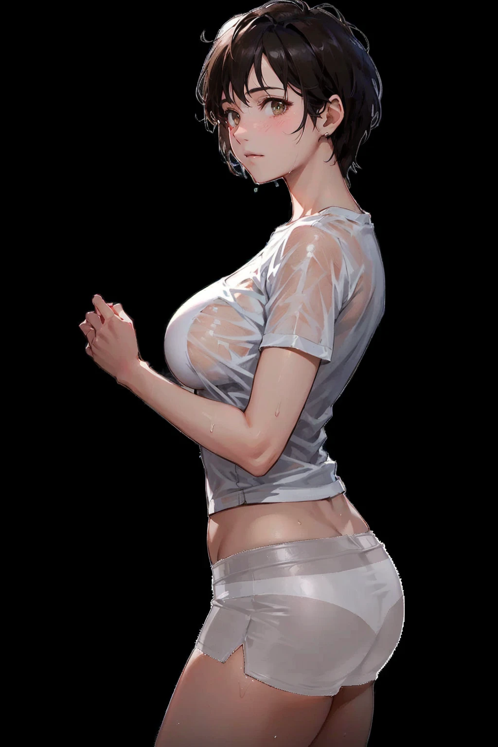 1lady solo, (looking up) from above, /(waitress/), /(dark brown hair/) bangs, blush light smile, (masterpiece best quality:1.2) delicate illustration ultra-detailed, (((White Background))) , looking at viewer, darker shadows, (((absurdres))), (((underboob))), (((sleeveless))), (((unbuckled))), (((ulzzang))), (((thigh gap))), (((very embarrassed))), (((mascara))), (((hands up surrender))), (((clenched fist))), (((feminine))), (((cinematic lighting))), (((pubic hair))), 