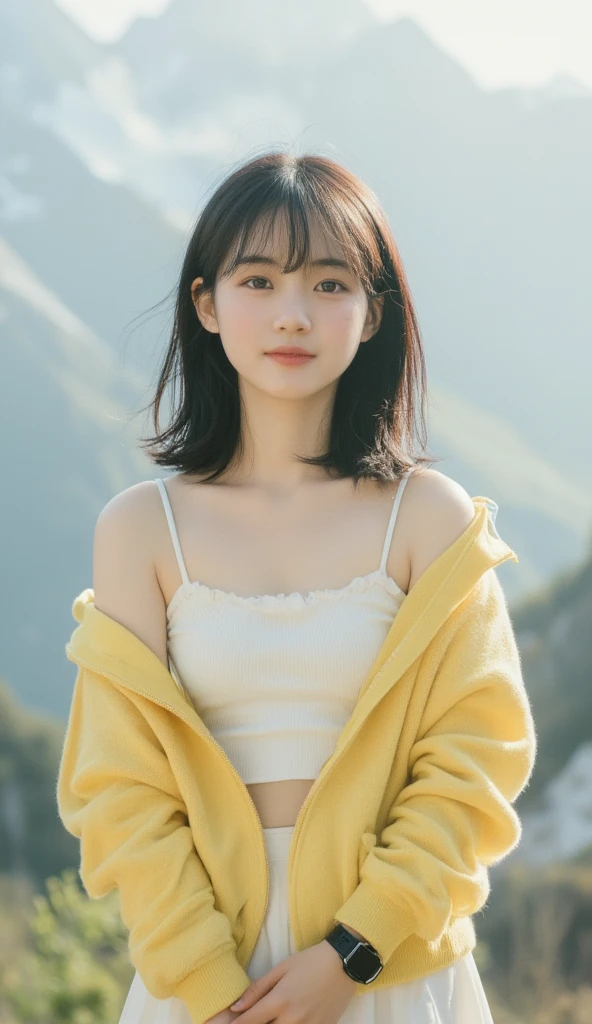 A 15-year-old girl with short black hair, a white hairpin, and bangs smiles and looks up. She tilts her body slightly to the left of the frame, staring directly at the viewer, and has a pleasant posture. She is wearing a loose white tank top, a white skirt, and a yellow baseball jacket draped over her shoulders. Her posture is naturally relaxed and confident. The blurred background, a mix of light blue-green and light gray-white, reflects the natural outdoor environment of the mountains. Soft sunlight shines on her face and hair from the upper right corner, adding a natural glow. The colors are natural and soft, but the focus is clearly on the subject. The composition is at eye level, with a shallow depth of field, while the background is gradually blurred. The style of the picture is a casual portrait with a relaxed and friendly atmosphere. A dark wristwatch is visible on her right wrist. The overall image is an outdoor summer day, conveying a casual femininity and casual elegance.