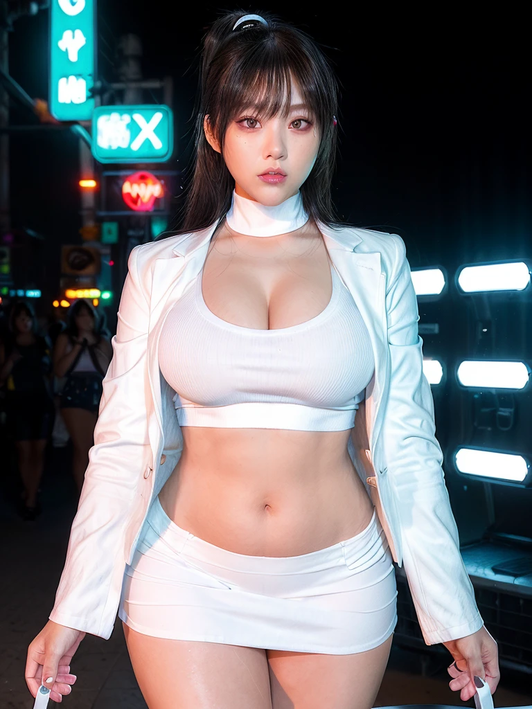 Woman, (((big ))), wide hips,  (((legs))), ((white short tight blazer and tight half thighs in white miniskirt)),  ponytail with bangs, neon city, night, neon lights, sexy, Asian, intricate, Award Winning, aproaching perfection