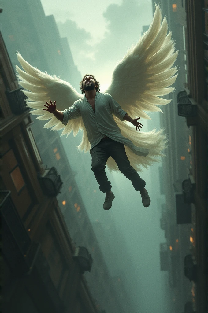A shirtless man falls from the 10th floor of the building and grows wings, but he doesn't know how to use his beautiful white wings and dies being pierced by a long iron pole and his dark blood runs down the pole.
