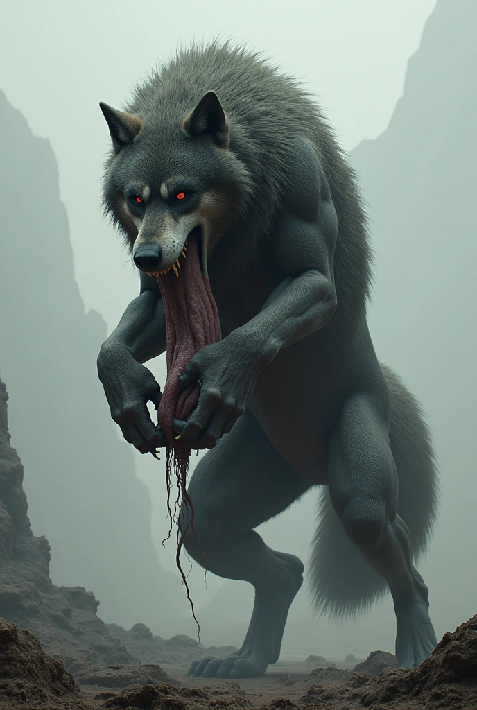 A realistic image of a muscular werewolf lying limp because his stomach was ton open by a bunch of leeches in a swamp