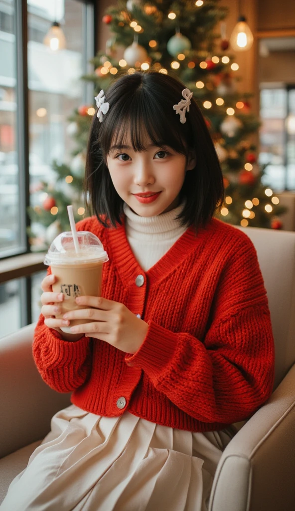 A 15-year-old girl with short black hair, white hairpins and bangs, smiling and looking at the camera, seductive eyes, smiling cutely, wearing a red knitted cardigan and a white pleated skirt, sitting on a light-colored chair in front of a decorated Christmas tree, holding a cup of iced coffee, the atmosphere is a modern coffee shop, bright morning lights, looks realistic.