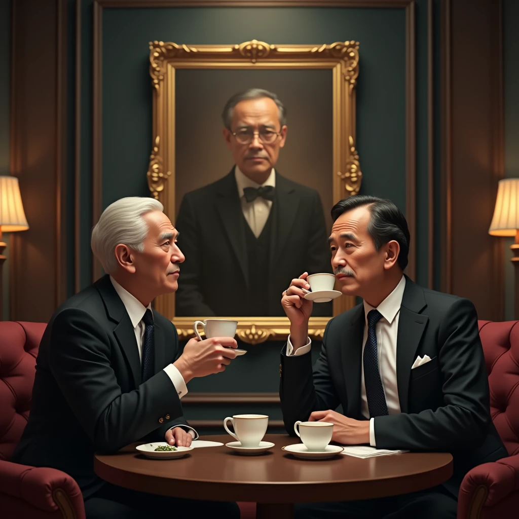 cult , a group of people in suits and masks standing in a living room with a table and chairs in front of them, Damien Hirst, promotional image, an album cover, neoism