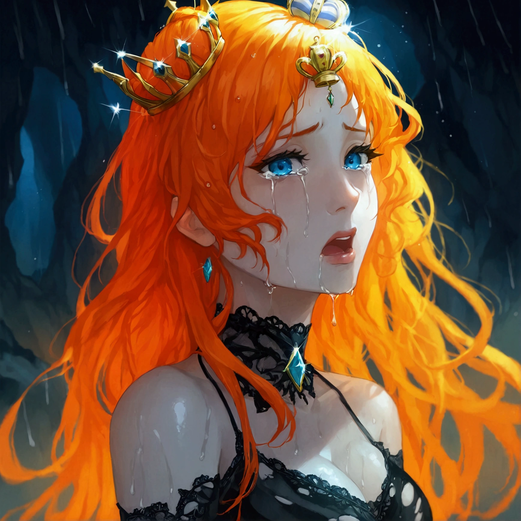 
1girl, orange hair, long hair, blue eyes, eyelashes, bare shoulders, sleeveless, elbow gloves, dress, mini crown, striped dress, halterneck, choker, hair ornament,


crying, high quality, sad, masterpiece, torn clothes, breasts, large hips, concerned, tears, boobs out, thicc, torn clothes, open mouth, defeated, perky breasts, weak, belly button, tight clothes, Thicc, trapped, imprisoned, wet clothes raining, side boob, tears, looking at viewer, on back, laying down, back kn ground, short skirt, forced, held down, professional lighting, large breasts, green crystal, green lighting, cave, underground, transparent clothes, wet clothes, see through clothes, full body
