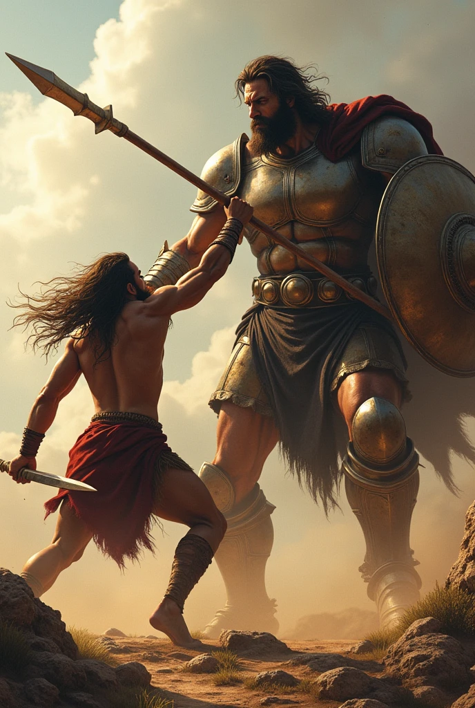 war between Israel and the Philistines, nos tempos biblicos, with dark clouds, and tension, Goliath warrior 3 meters tall, dear good, with his sword in attack position, I want face, yelling, Davi, 20 years old, looking at Goliath, with a slingshot in hand in attack position, with a bag on his back, guarding a stone for the slingshot, a little distance from Goliath