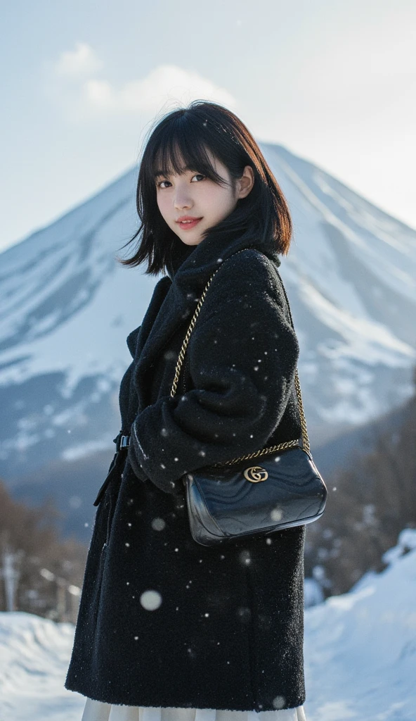 A 15-year-old girl with short black hair and bangs. She smiles cutely as she looks at the camera. She stands upright. She is standing in winter. She turns to the side and looks at the camera, staring directly at the viewer, and has a pleasant posture. She is wearing a black winter coat. Snow is falling. A white skirt. She is in the snow in the morning, holding a Gucci brand bag. She wears black shoes. Her whole body can be seen. The background is Mount Fuji with snow in Japan. Her posture is naturally relaxed and confident. The background is blurred. The soft winter morning light shines on her face and hair from the upper right corner, adding a natural glow. The colors are natural and soft, but the focus is clearly on the subject. The composition is at eye level, the depth of field is shallow, and the background is gradually blurred. The style of the picture is a casual portrait with a relaxed and friendly atmosphere. The overall picture is a bright winter night, reflecting femininity and casual elegance.