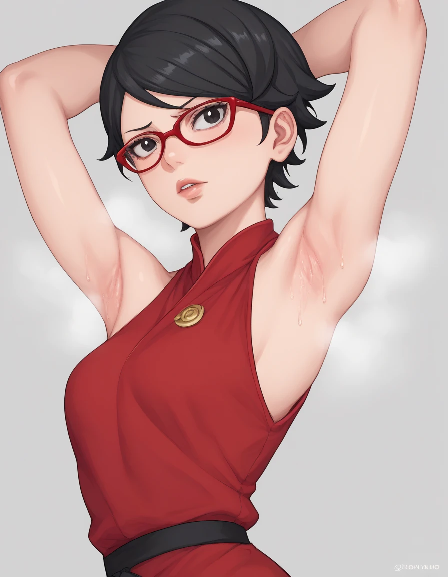 boruto,(sarada uchiha, short hair, black hair, black eyes, red-framed eyewear, glasses, swept bangs:1.1)(Armpit,脇の皺:1.3)，(steam，steamimg:1.1)，  red dress , is embarrassing tetas grandes