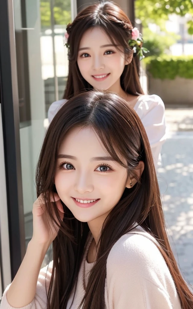 (8k, RAW photo, highest quality, masterpiece: 1.2), super detail, super resolution, (realistic, real photo: 1.37), (photorealistic: 1.6), portrait, high resolution RAW color photo, professional photo, very detailed and beautiful, real light (kissing with eyes closed), pointing finger at camera (kissing face), beautiful view mixed with light, Cherry blossoms are dancing, cherry blossoms are dancing around the female proofreader, asking for a kiss, cute pose, playing in the park at night, the moonlit night is beautiful. Super high image quality, 8k wallpaper, amazing cute smile, transcendent cute face, amazing details, red scarf, very detailed beautiful girls, different pattern face, one is a ponytail, modern cute schoolgirl, very detailed face very detailed eyes, very realistic skin, very detailed fingers, very detailed nose, very detailed mouth, perfect anatomy, very detailed sailor suit, very detailed background, After school. Smiling faces, fun spreads in the hallway, long straight hair, (dull bangs: 1.2), , schoolgirl youth Celebrity-level cuteness , (pink eye shadow)