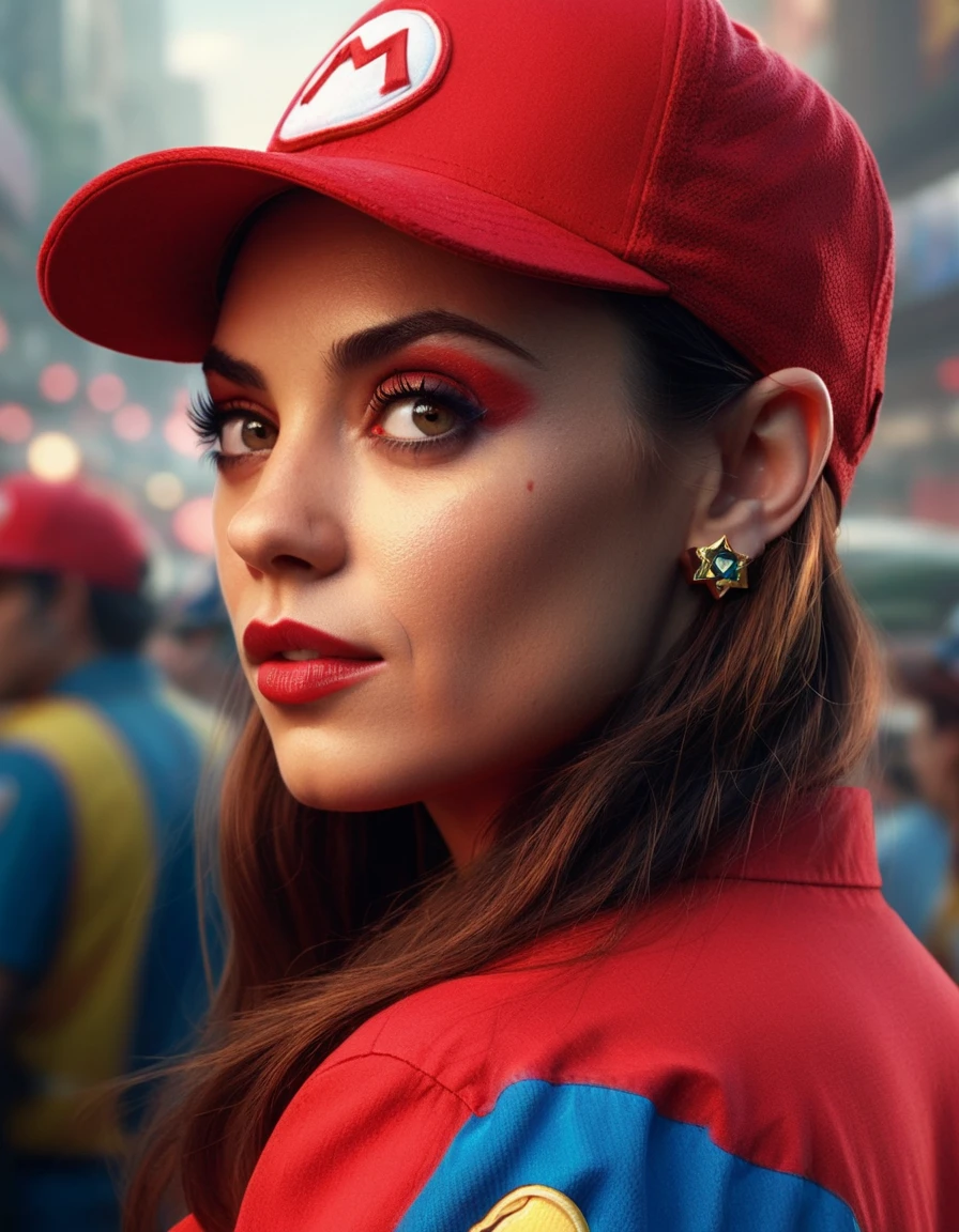 cinematic photo Portrait of ((ohwx woman)) as super Mario, red hat, fantasy, highly detailed, digital painting, artstation, concept art, sharp focus, illustration, art by Tony Sart and artgerm and randy vargas   . 35mm photograph, film, bokeh, professional, 4k, highly detailed