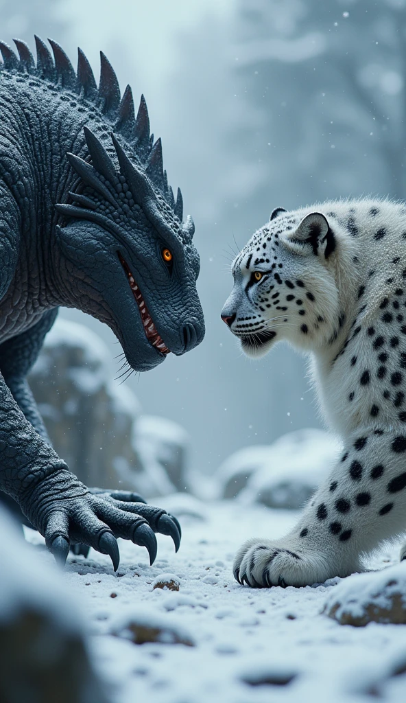 A big fat fluffy grey long-haired Scottish cat and a blue dragon with scaly skin sit snuggled up and look at each other like old friends