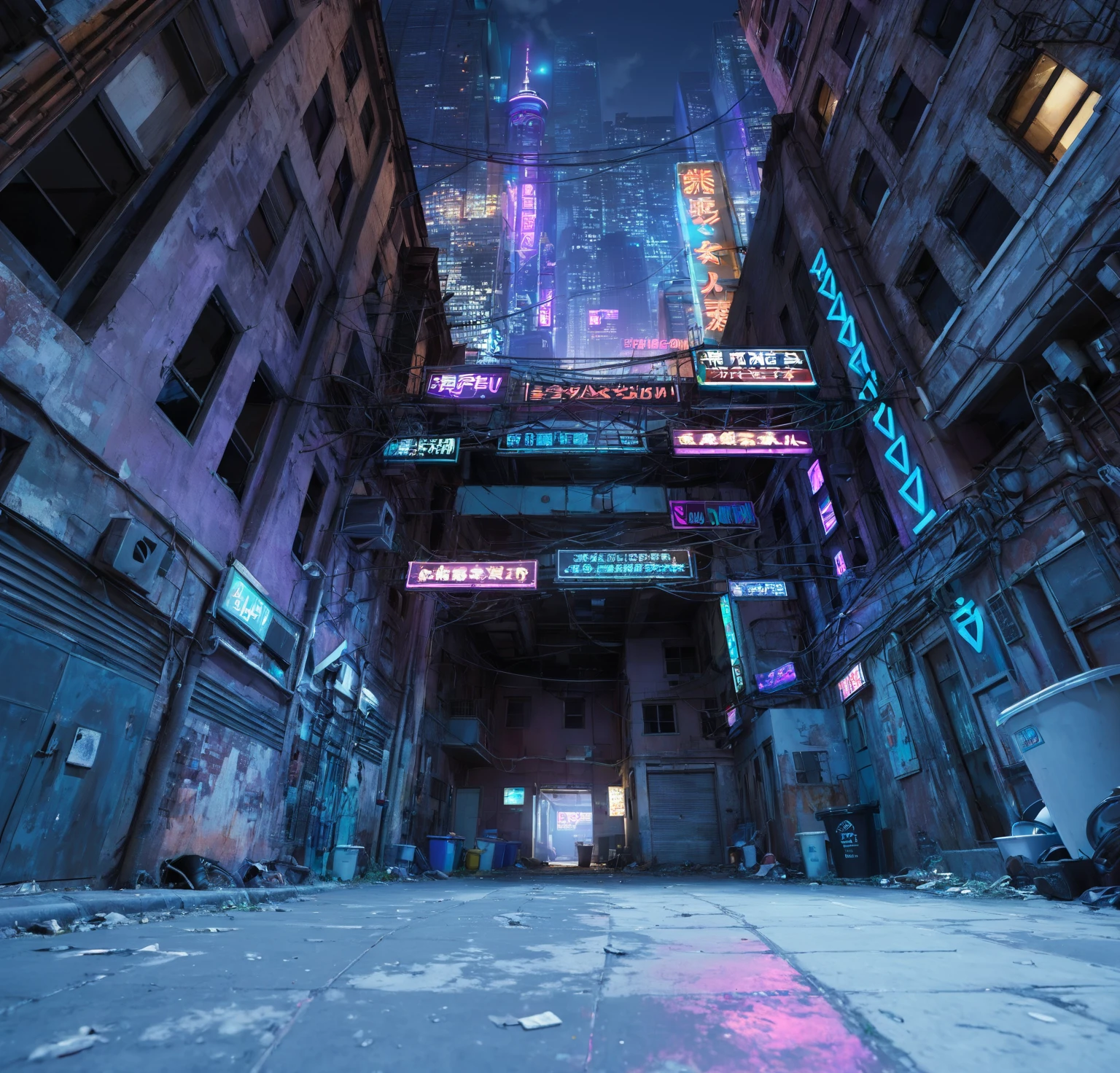 Looking up, the camera is close to the ground, cyber style, cyber night, alley with neon lights at night, low-lying ground, realistic ground texture, complete ground, abandoned low buildings on both sides of the picture, dilapidated low buildings, pipes and wires outside the buildings, trash cans near the wall, silhouettes of skyscrapers can be seen in the sky in the distance, neon signs are hung between the two buildings, the signs emit blue and purple lights, two steel frames connect the two buildings, UE5 rendering, 3D rendering, 3D model, cartoon style