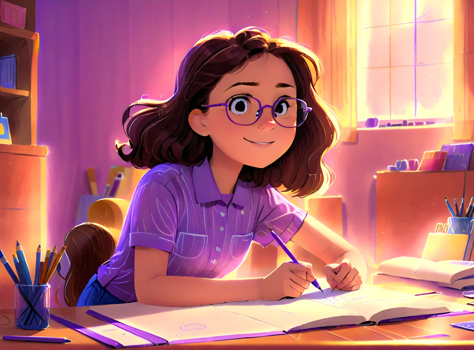 Clara, a girl with brown wavy hair, using glasses, drawing with crayons, happy expression, wearing purple shirt. Detailed face, intricate details, colorful crayons, cozy indoor setting, beautiful lighting, soft pastel colors, warm tones, cinematic composition, award winning illustration, highly detailed, photorealistic, 8k, masterpiece, professional, award winning, cinematic lighting, soft focus, beautiful composition, consistent character. The illustration should be simple and clean. The style of the illustration resembles a classic ren's book, combining a Disney cartoon and watercolor illustration but with thick lines outlining the image.