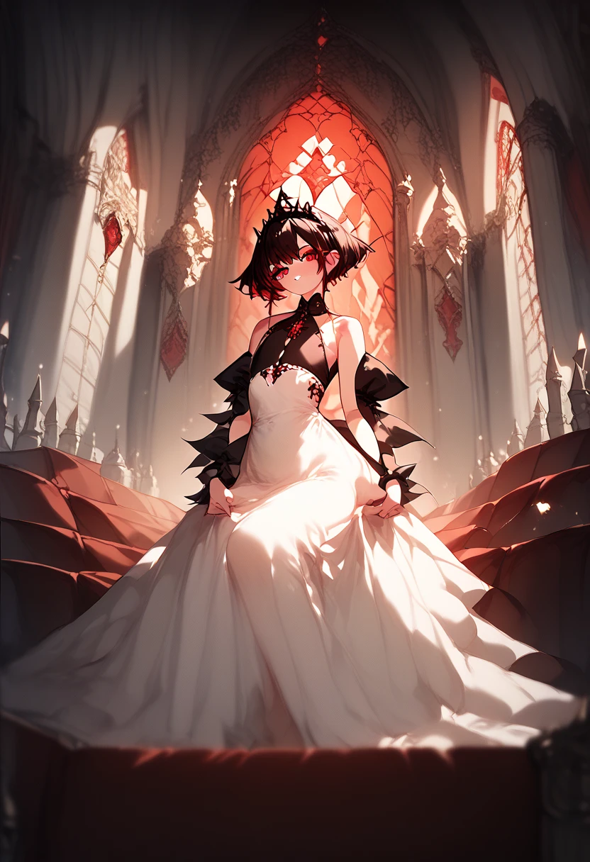 Femboy, white skin, red eyes, black tight fitting dress with red inside, inside big gothic castles throne room, mid length hair, night