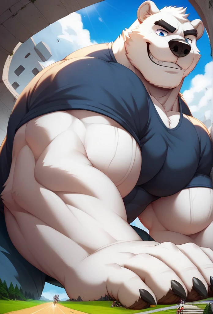 Furry, giant, muscle, naked, macro, maw, smile, burp, white_fur, blue_eye, big_cock, eye_line,