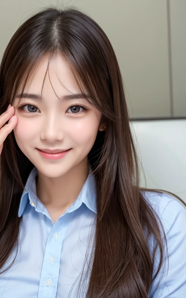 (Best-quality, Masterpiece, Ultra-High-Resolution, (Photorealistic:1.4), Raw Photo, depth of field, professional lighting, perfect anatomy, extremely details), 1girl, 15-years-old, the most famous Japanese idol, ((in office-room, working with computer)), (wearing casual-clothes with cute-design), (extremely cute face like the most popular Japanese idol, ((extremely cute and extremely big round-eyes)), extremely beautiful and extremely realistic hair), (((extremely beautiful and extremely realistic skins):1.3)), extremely beautiful and extremely realistic long-eyelashes, extremely beautiful and extremely realistic lips, innocent smile, detailed office-room, detailed computer