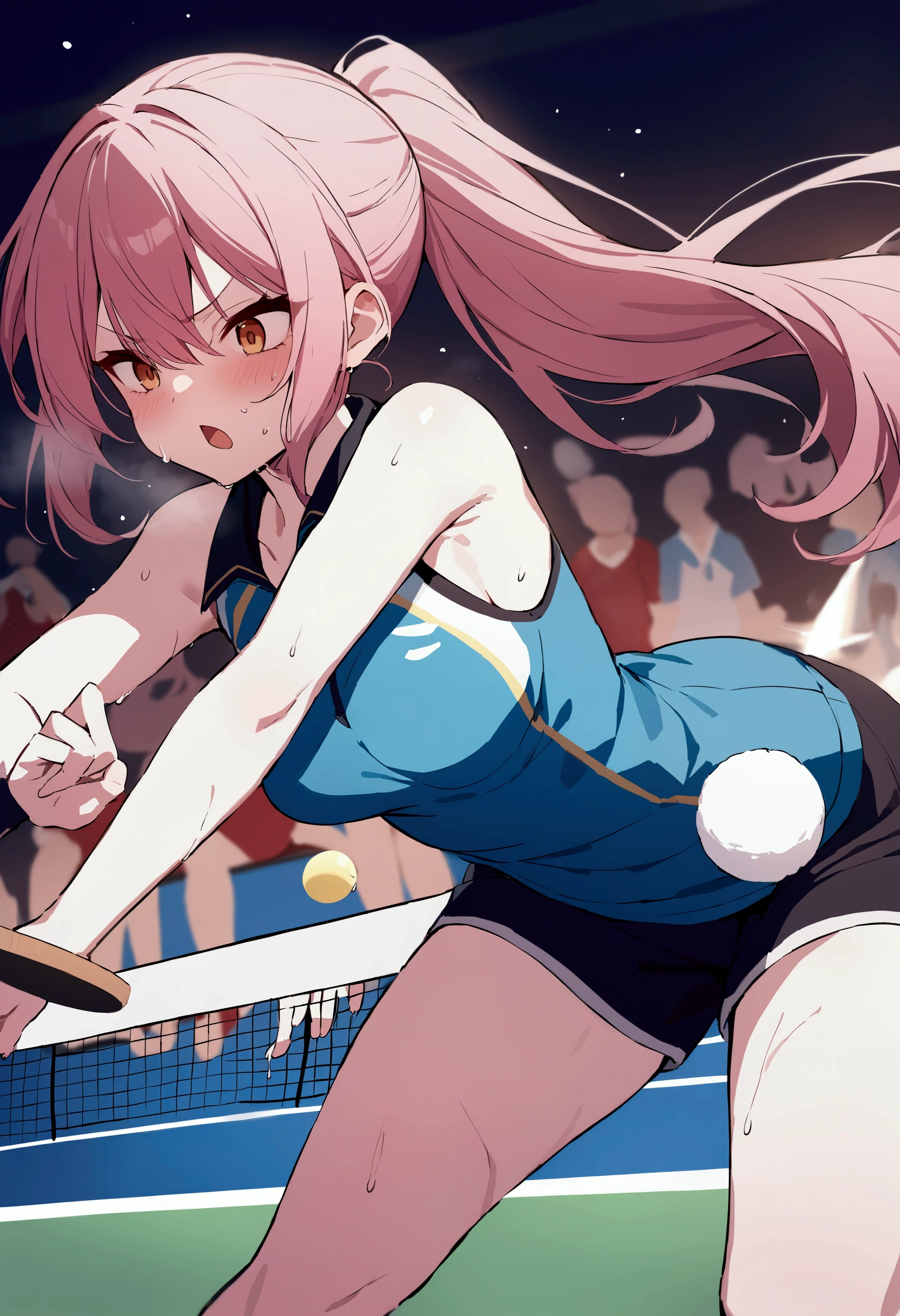 hoshino_\(blue_archive\), nsfw, masterpiece, 1 girl, ((topless)), intricately detailed, navel, necklace, pink hair, white skirt, smiling, extremely detailed, heterochromia, bare stomach, sweaty, beautiful face, sleepy, small breasts, flat chest, park, halo, bare shoulders, nipples, holding tennis, sleepy, open mouth, blushing, tennis court, visor hat, sweaty, gold course, arched back, standing, long hair, slim body, ponytail