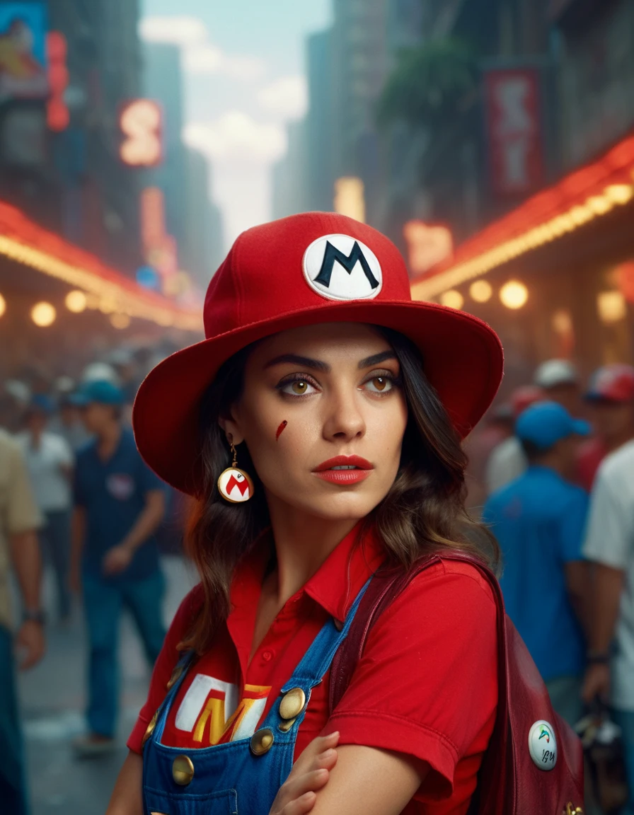 cinematic photo Portrait of ((ohwx woman)) as super Mario, red hat, Letter "M" on hat,Big bursting breasts,exposed cleavage,fantasy, highly detailed, digital painting, artstation, concept art, sharp focus, illustration, art by Tony Sart and artgerm and randy vargas   . 35mm photograph, film, bokeh, professional, 4k, highly detailed