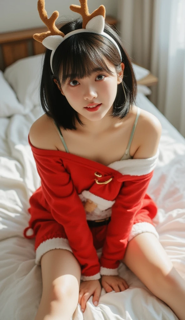 15-year-old girl, short black hair, white hair clip, deer headband, bangs, smiling, looking up, Santa Claus shirt, Santa Claus skirt, off shoulder, small chest, sitting with legs apart, beautiful legs, naked, small chest, charming smile, seductive eyes, looking straight at the camera, morning light, bedroom, hands on the bed, 8k