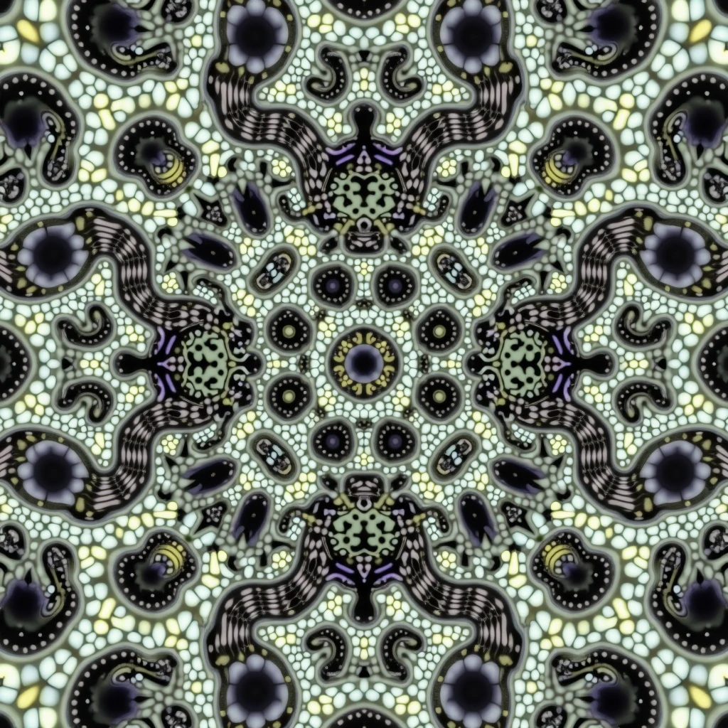 A surreal and disturbing kaleidoscopic pattern inspired by trypophobia, featuring multiple layers of small, closely-packed holes resembling those found in lotus pods. The holes are arranged symmetrically in intricate, repeating patterns, creating a mesmerizing yet unsettling visual effect. The colors are a sickly mix of pale greens, purples, and grays, with the holes appearing dark and glossy. The kaleidoscope effect multiplies the patterns, making the image appear as if it is swirling and pulsating with an eerie, organic texture. The overall effect is both hypnotic and deeply unsettling, evoking a strong sense of discomfort.