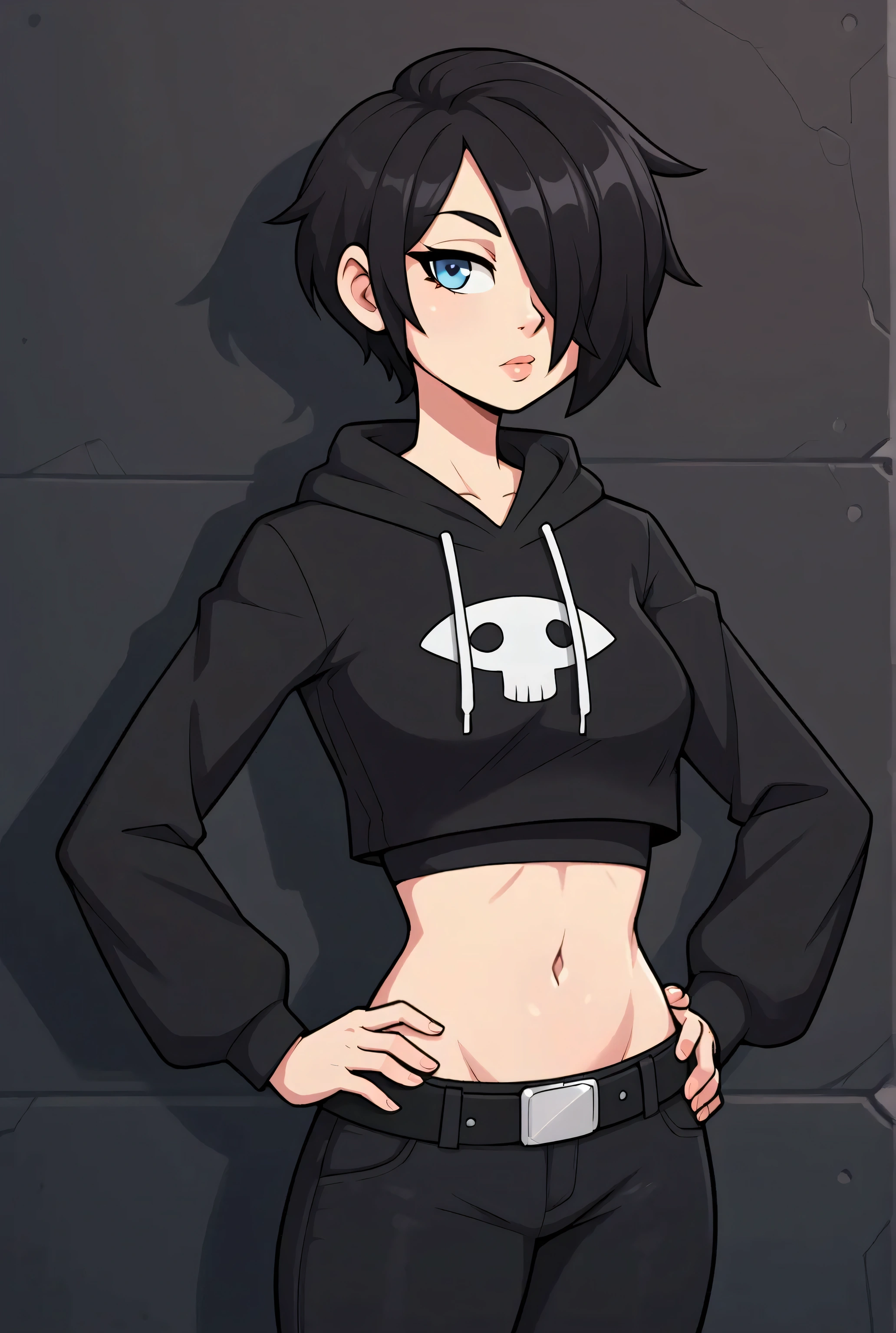 Solo, Girl with short black hair, hair over one eye, black cropped hoodie, midriff, navel, black pants, belt, hand on hip