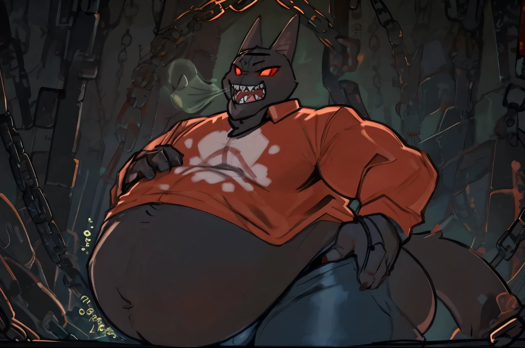 Anthropomorphic Black Cat, Sharp Ears, black sclera, red iris, no pupils, large body, massive body, sharp teeth, full body, dad, daddy, third eye, simple, narinder, furry, solo, cat boy, long sleeves, red shirt, long shirt, cat ears, chains, chained, red eyes, extra eyes, massive belly, flabby belly, obese, burping, gurgling stomach, vore, hyper stomach, hyper pecs, hyper bulge, detailed bulge, massive bulge, overhang stomach, wider body, wider stomach, bigger thighs, bigger rear, bubble butt, massive ass, detailed ass, extremely enormous belly, front side view 