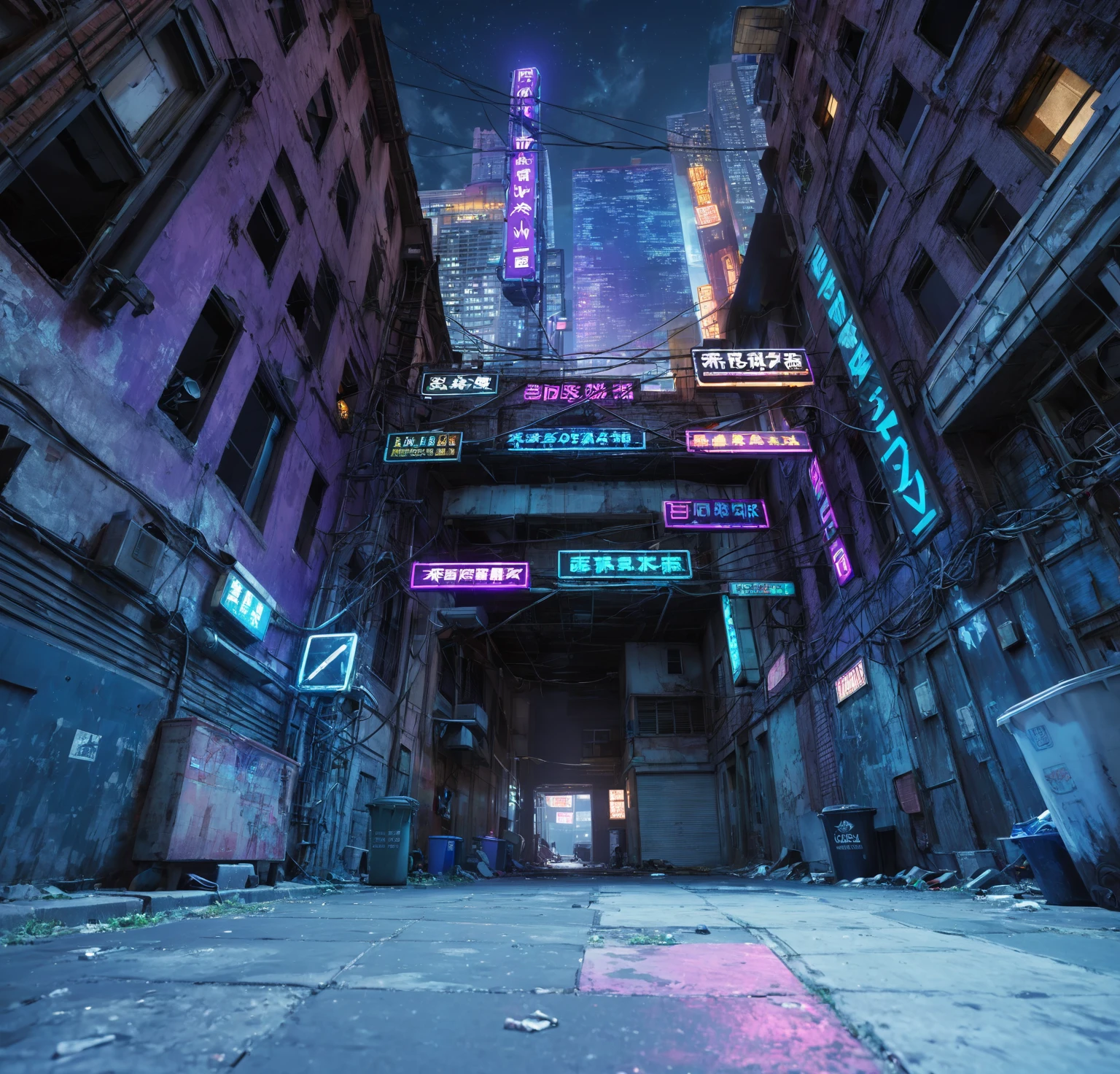 Looking up, the camera is close to the ground, cyber style, cyber night, alley with neon lights at night, low-lying ground, realistic ground texture, complete ground, abandoned low buildings on both sides of the picture, dilapidated low buildings, pipes and wires outside the buildings, trash cans near the wall, silhouettes of skyscrapers can be seen in the sky in the distance, neon signs are hung between the two buildings, the signs emit blue and purple lights, two steel frames connect the two buildings, UE5 rendering, 3D rendering, 3D model, cartoon style