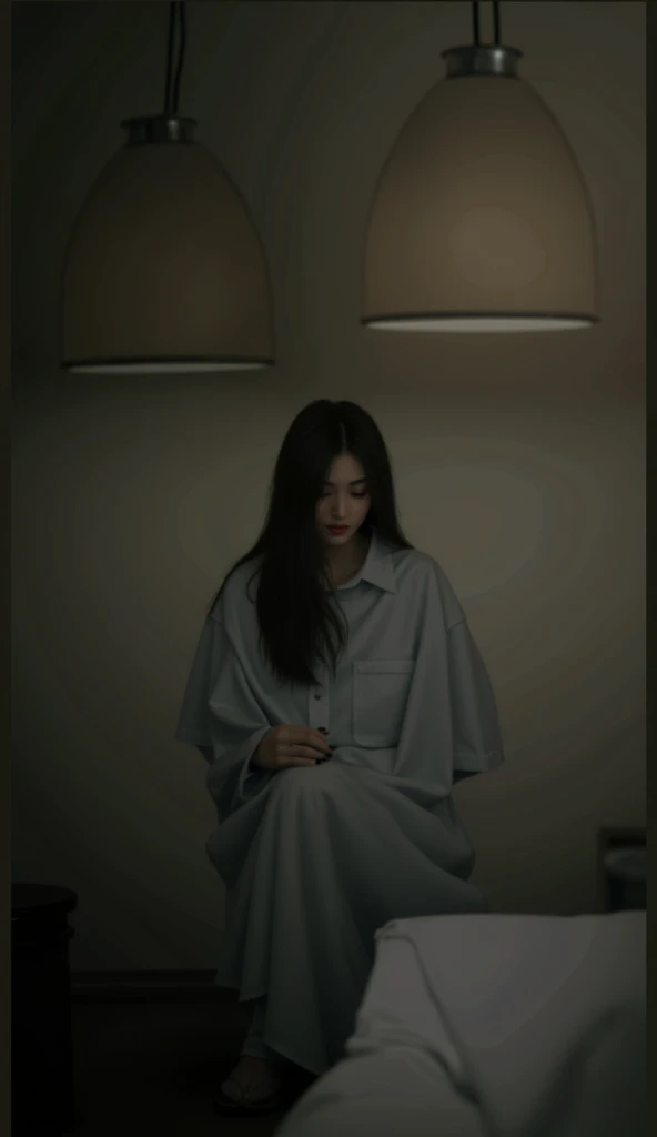 A photo of a beautiful girl sitting on a chair, with a sad atmosphere. Her expression is sorrowful, and the setting around her is subdued, with muted colors and soft lighting that enhances the melancholic mood. The background is simple and uncluttered, focusing attention on her emotions.