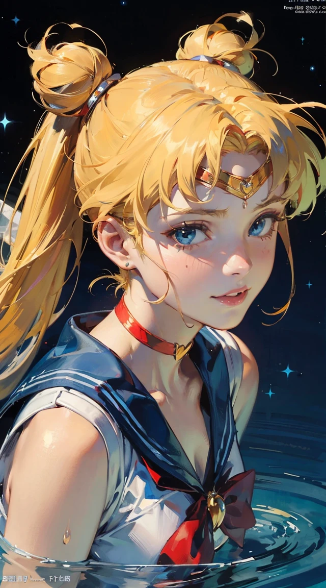 ((masterpiece)), (best quality), official art, extremely detailed CG, 
1girl, sailor moon, blue eyes, blonde hair, long hair, hair bun, jewelry, sailor senshi uniform, blue sailor collar, red choker, twintails, red bow, blue skirt, holding binoculars, outdoors, forest,  Realistic portrait of the protagonist of the anime Sailor Moon　(Super detailed,ultra high resolution,detailed background),((2D)),((flat color)),((colorful)),((floating colorful water)),1 girl,alone,looking at the viewer,break　girl, sweat, steam, medium breast, shy, detailed hand, shy, light smile, looking at viewer,