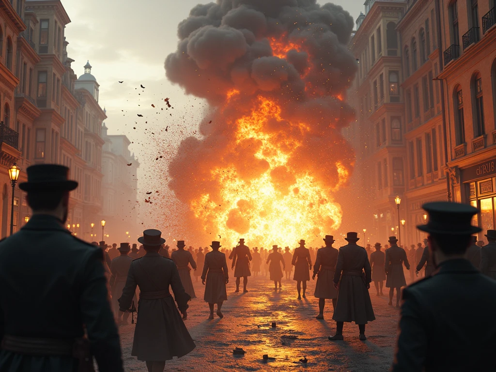 arafed photograph of a group of people standing in a street with smoke coming out of them, lubezki, epic urban battle, by Jakub Schikaneder, two hovering twin nuns, compositing, inspired by Otto Piene, destroyed castle, inspired by Camille Bombois, still image from the movie, detonation --auto --s2