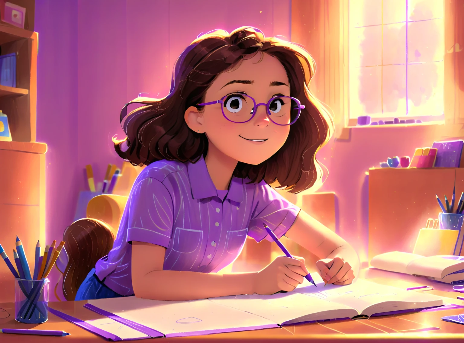 Clara, a girl with brown wavy hair, using glasses, drawing with crayons, happy expression, wearing purple shirt. Detailed face, intricate details, colorful crayons, cozy indoor setting, beautiful lighting, soft pastel colors, warm tones, cinematic composition, award winning illustration, highly detailed, photorealistic, 8k, masterpiece, professional, award winning, cinematic lighting, soft focus, beautiful composition, consistent character. The illustration should be simple and clean. The style of the illustration resembles a classic ren's book, combining a Disney cartoon and watercolor illustration but with thick lines outlining the image.