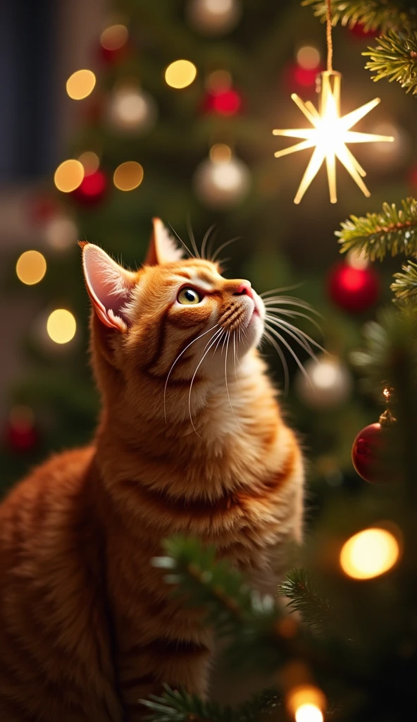 A cinematic photograph of a fat ginger cat looking up at the star on top of a Christmas tree. The camera is shot from the top of the tree, with bokeh effect to focus on the cat on the ground with the star blurry in the foreground.