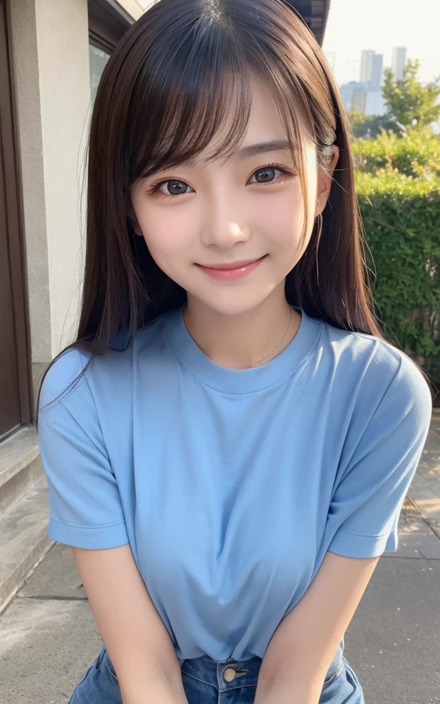 povbreastgrab, solo focus, 1girl, blush, looking at viewer, upper body, smile, bangs, sweat, wearing t-shirt