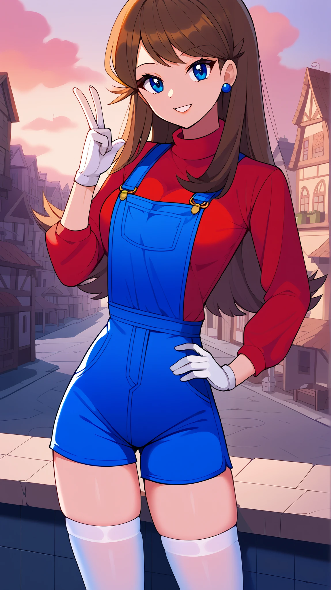 bare hands, no gloves ,Orange brown hair,  long hair,  blue eyes, red long sleeve shirt , blue shorts overalls,  white knee-high stockings reflective on glass floors,  absolute domain, Ample breasts,  Tall,  watches viewers, 1 Female, Age 18,  standing, Three idiot hairs ,  with bangs, whole body, Place one hand on hip,  slim figure,  sexy smile,  seductive smile, Orange shoes,  score_9,  score_8_Excellent,  score_7_Excellent,  score_6_Excellent,  top quality,  source_Anime, cel shading,  flat color, vector,  Detailed Background , town, building,  break 1 girl sitting, Alone, (\ Pokemon\), Outdoor,