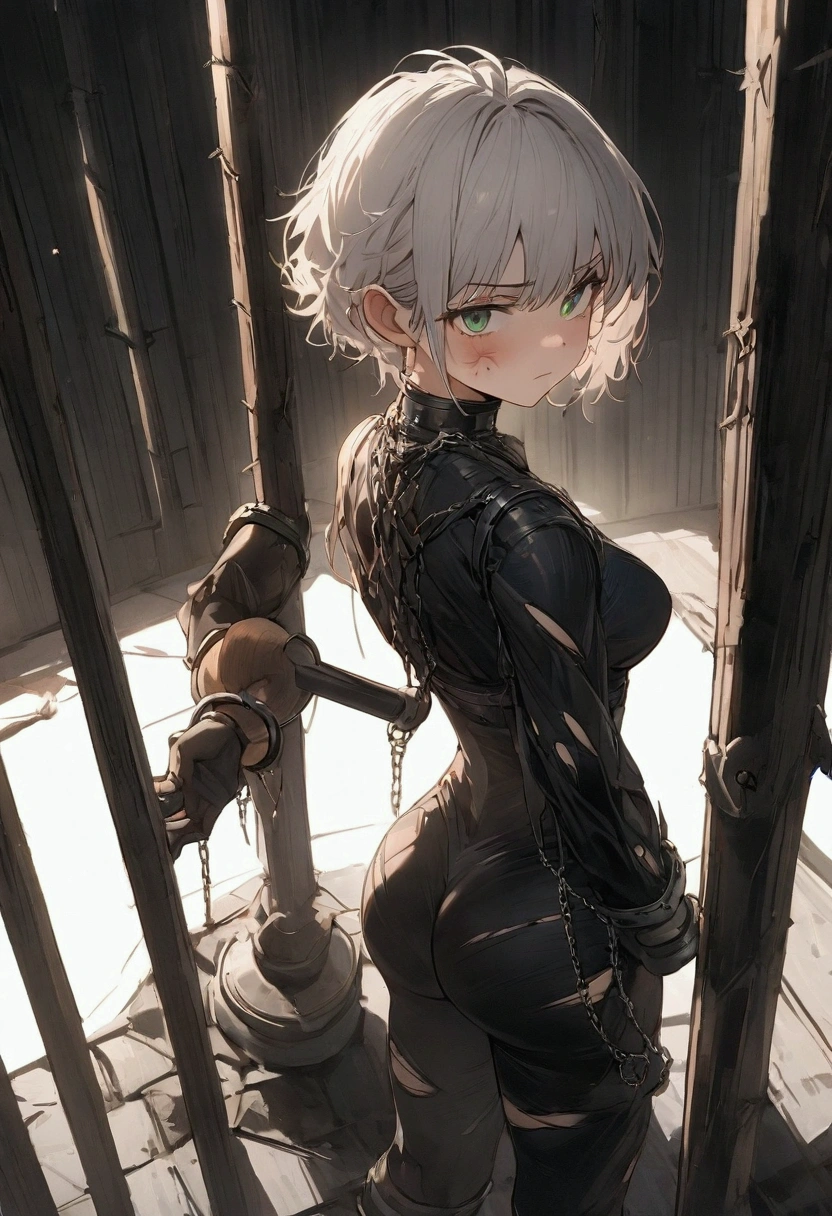 score_9, score_8_up, score_7_up, score_6_up, score_5_up, score_4_up, source_anime, 1girl, worth, white hair, ponytail, hairpins, green eyes, w-w-chain, iron shackles, spread arms, Put shackles on your feet, latex shirts, leather skirts, black knee high boots, night, dungeon, best quality, best res, 4K UHD,
 