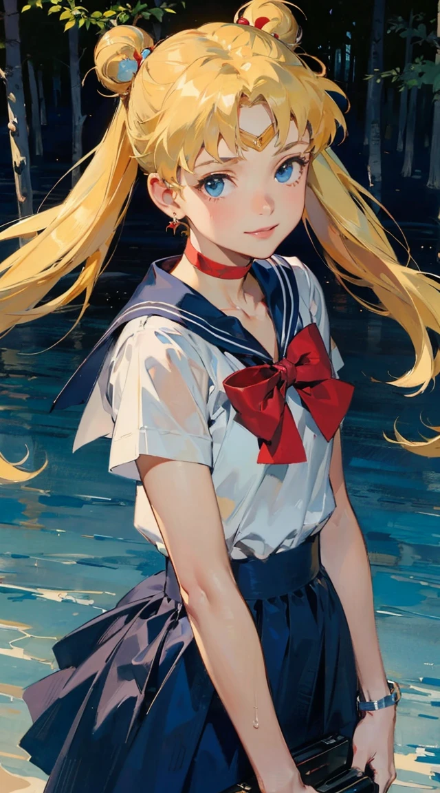 ((masterpiece)), (best quality), official art, extremely detailed CG, 
1girl, sailor moon, blue eyes, blonde hair, long hair, hair bun, jewelry, sailor senshi uniform, blue sailor collar, red choker, twintails, red bow, blue skirt, holding binoculars, outdoors, forest,  Realistic portrait of the protagonist of the anime Sailor Moon　(Super detailed,ultra high resolution,detailed background),((2D)),((flat color)),((colorful)),((floating colorful water)),1 girl,alone,looking at the viewer,break　girl, sweat, steam, medium breast, shy, detailed hand, shy, light smile, looking at viewer,