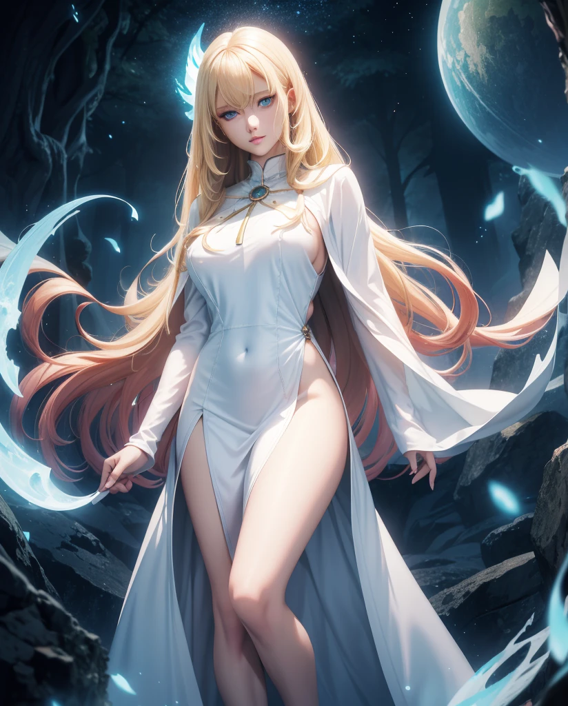 1girl, archetype earth \(hime\),arcueid \(tsukihime\), arcueid \(dress\), breasts, cleavage, detached collar, detached sleeves, full moon, gloves, large breasts, looking at viewer, moon, night, night sky, sky, annoyed, solo, white gloves, (standing:1.4), fullbody, red eyes, ruby eyes, blonde hair