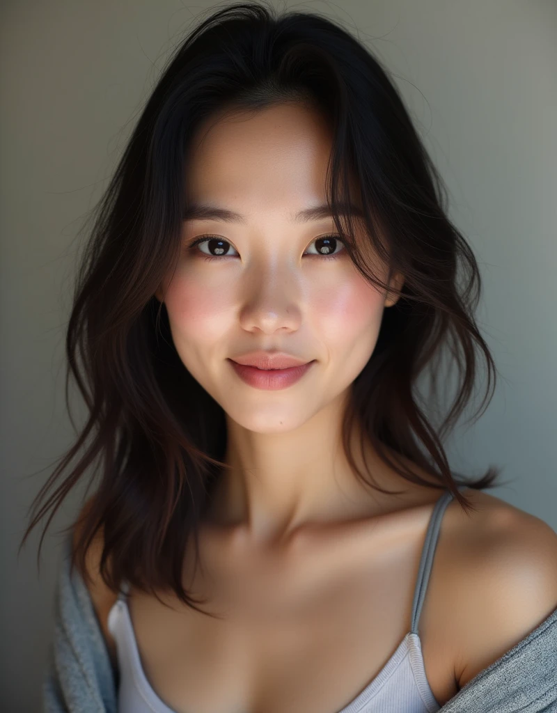 a woman, brown hair, brown eyes, fit body, Long Hair, hair parted in the middle, straight hair, lingerie, in a room, ((Top Quality, 8k, Masterpiece: 1.3)), Ultra Detailed Face, Highly Detailed Lips, Detailed Eyes, accurate, Soft Light, Ultra High Resolution, RAW Photo, (realistic, photo-realistic:1.37), full body in photo, depth of field, cinematic lighting, wide shot, super detail, best quality, 8k, textured skin, high details, award winning, highres,