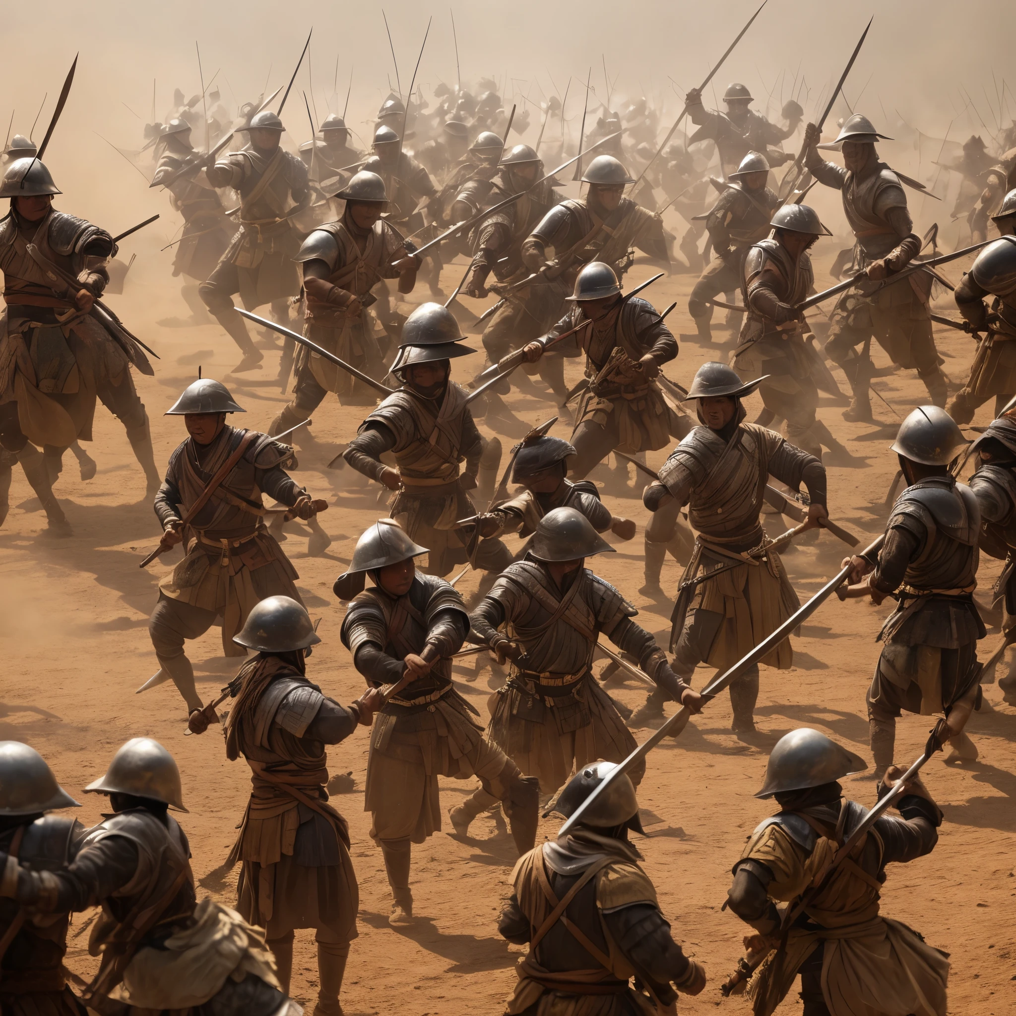 army of ancient Thai swordmen and horsemen scuffle fighting, some hold a spear and some hold a sword, the war dust and smoke flow over the battlefield, dramatic tone, smoky war dust, Anatomically Correct, Best Quality, Masterpiece, High Resolution, Facepaint, Motion Lines, evening light