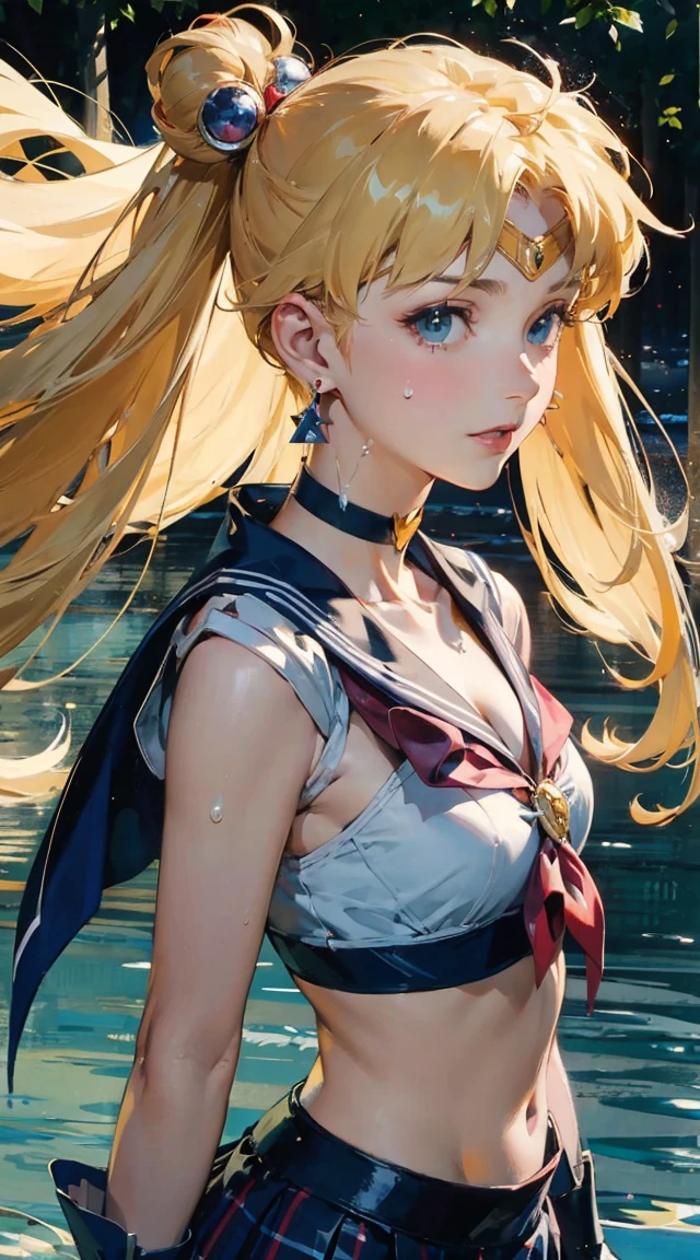 ((masterpiece)), (best quality), official art, extremely detailed CG, 
1girl, sailor moon, blue eyes, blonde hair, long hair, hair bun, jewelry, sailor senshi uniform, blue sailor collar, red choker, twintails, red bow, blue skirt, holding binoculars, outdoors, forest,  Realistic portrait of the protagonist of the anime Sailor Moon　(Super detailed,ultra high resolution,detailed background),((2D)),((flat color)),((colorful)),((floating colorful water)),1 girl,alone,looking at the viewer,break　girl, sweat, steam, medium breast, shy, detailed hand, shy, light smile, looking at viewer,