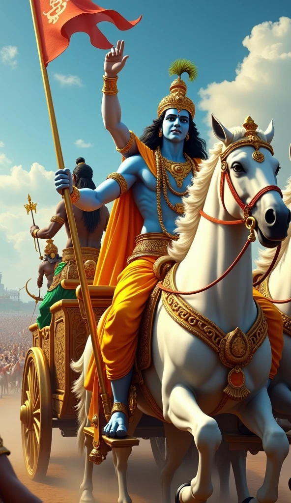 Create a vivid scene of Lord Krishna and Arjuna in their grand chariot, which is drawn by 5 white horses. Highlight Krishna prominently, showing him looking towards sky, he is holding Counch, he is blowing his divine conch shell , with a powerful and serene expression seen in the sky. The traditional mythicial chariot should be elaborately designed, featuring a prominent saffron flag on top of chariot fluttering above it, symbolizing its significance. Arjuna should be depicted sitting behind Krishna, Krisha is the Charioter, Capture the grandeur of the chariot and Krishna’s central role, with the background reflecting the battlefield’s energy and anticipation.