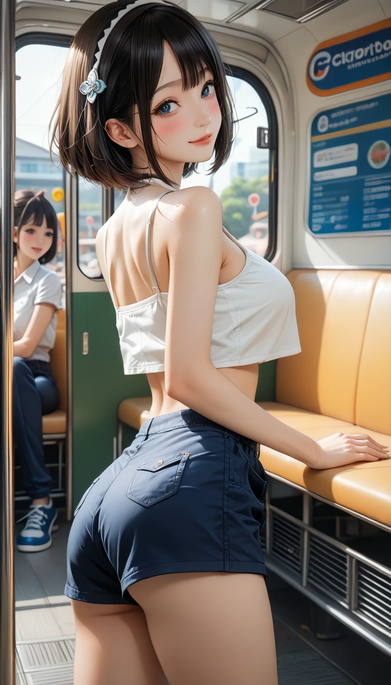 ((Highest quality)), one Girl,black short bob,((wearing BLUE shorts, white top), sweet and alluring innocent blushing cute face, ((side view, ass focus:1.3)), 18 years old girls, coxas grandes, big ass, big chests, hot girl, ((sideview)), (bus background), (garota olhando em nossa direção), garota se segura no apoio do ônibus, braços para cima, sexy ass, (uma homen abraçando a garota por trás),((ALL four)), ((garota empinando a bunda))