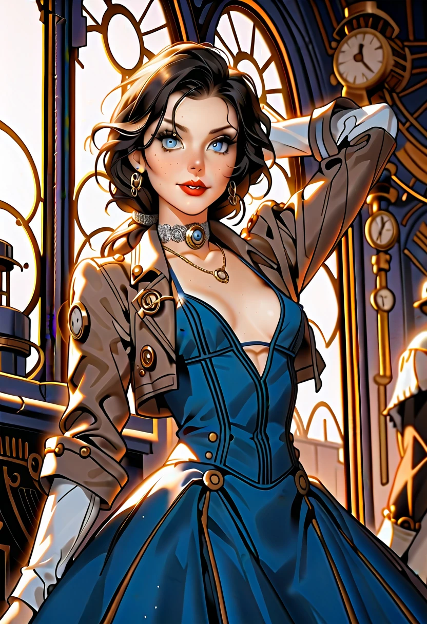 1woman, ((solo)), Elizabeth Comstock from "Bioshock Infinite", dark hair, (long loose hair gathered in a low ponytail), pale skin, blue eyes, red lips, light smile, (small breasts), erect nipples;; (cameo choker necklace), (wearing a blue bolero 3/4 cropped jacket:1.27), micro bikini top under jacket, (wearing a long blue a-line dress:1.42), (high front slit in dress:1.32), opaque pantyhose, heeled boots;; (cropped at knees:1.37), contrapposto stance, (dancing poses:1.27);; (steampunk setting and elements:1.47),on the street of an art deco city;; ELIZABETH2 