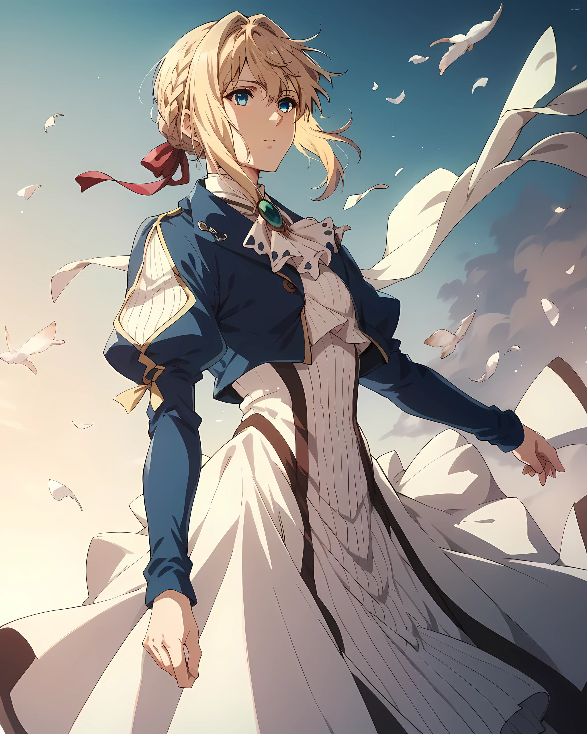  Anime Style, top quality, 4K,  very aesthetic ,  1 woman,Violet Evergarden , blonde hair ,Blue Eyes, blue jacket , dress, Dynamic Angle , cowboy shot,