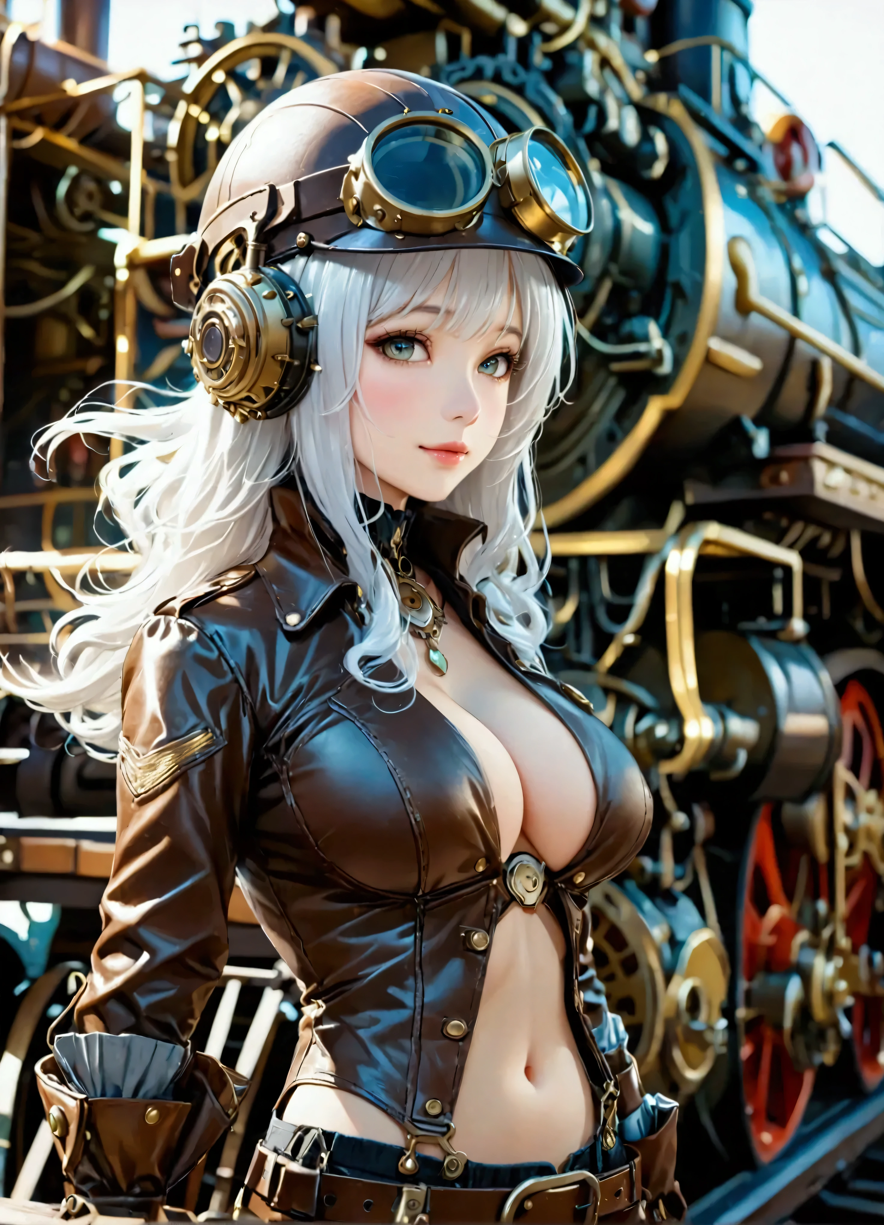 ((  masterpiece  ,  top quality,  Max Image,  high definition )), ((Highly detailed CG composite 8K wallpaper)), ((full body shot)), Steampunk style、  young beautiful girl 、 ((large breasts:1.2), (huge breasts:1.2), (Uplifted and well-defined bust:1.2), (lifted chest:1.2), (perky breasts :1.2),(deep cleavage:1.4), sexy long legs, brown leather jacket, Chest without clothes 、leather long boots,  mechanic helmet, Dreamy, smile, white hair , standing next to a big mechanical loco mobile, doing maintenance work